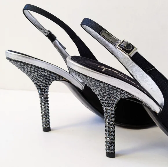 Giuseppe Zanotti Black Crystal Embellished Satin Slingback Pumps - Picture 14 of 16